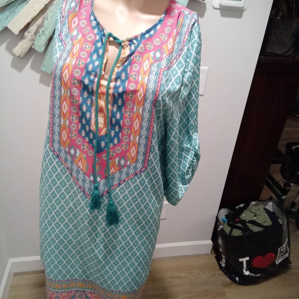 Urban Coco Size S Bohemian Dress Turquoise & White Geometric Pattern